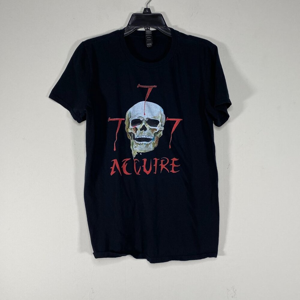 Anvil Short Sleeve Shirt Men's Medium Blue-ish Black 777 Acquire Skull Graphic